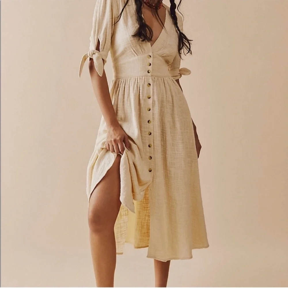 Free People Cream Button-Front Midi Dress
